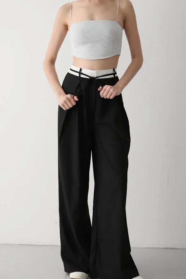 Siyah İp Kemer Detaylı Tasarım Pantolon - 3576