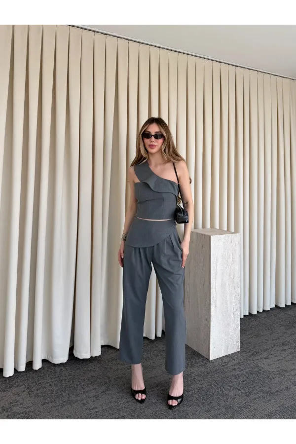 Gri Tek Omuz Tasarım Yaka Bluz Pantolon Takım - 8003