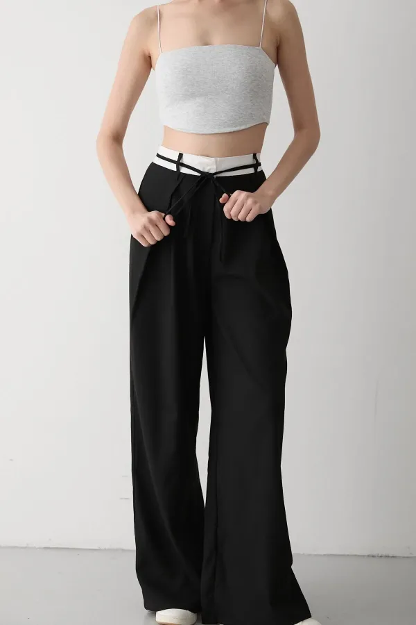 Siyah İp Kemer Detaylı Tasarım Pantolon - 3576