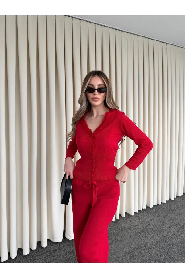 Red Lace Two-Piece Knit Set - 2602