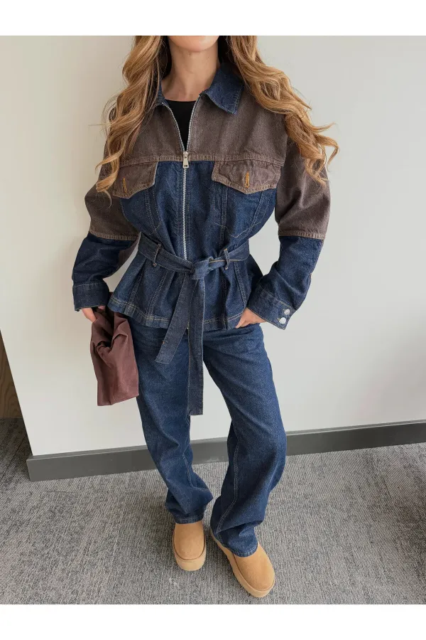 Lacivert - Kahve Bağlamalı Ceket Pantolon Denim Takım - 0836