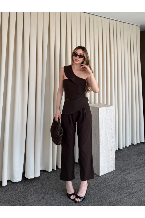 Acı Kahve Tek Omuz Tasarım Yaka Bluz Pantolon Takım - 8003