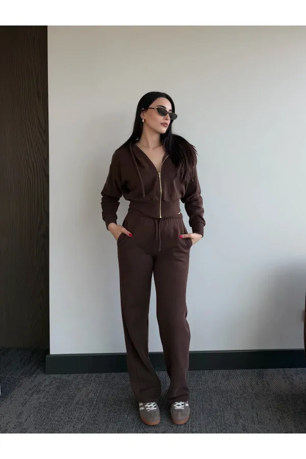Kahverengi %100 Pamuk Kapüşonlu Fitilli Takım - 51232