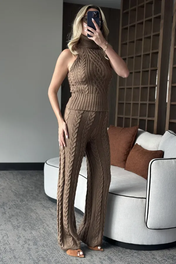 Ensemble chemisier sans manches et pantalon couleur café au lait - 3009