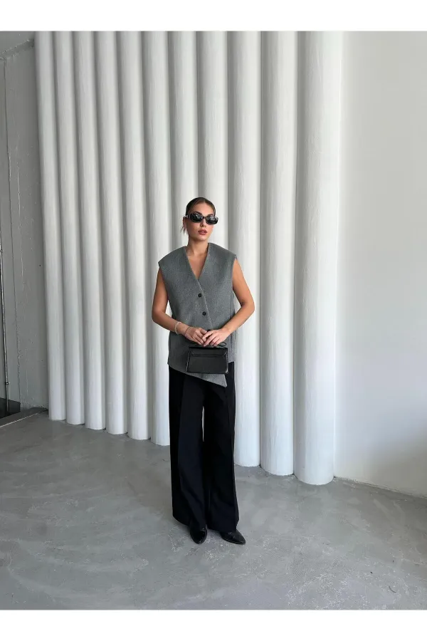 Gri Venedik Çapraz Düğmeli Yelek