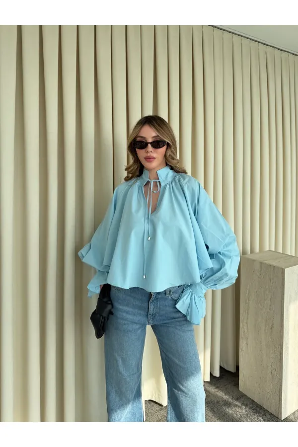 Mavi Yakası Bağlamalı Kolları Tasarım Gömlek - 112254