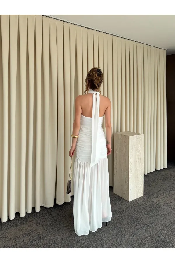 Beyaz Gül Detaylı Şifon Elbise - 2485