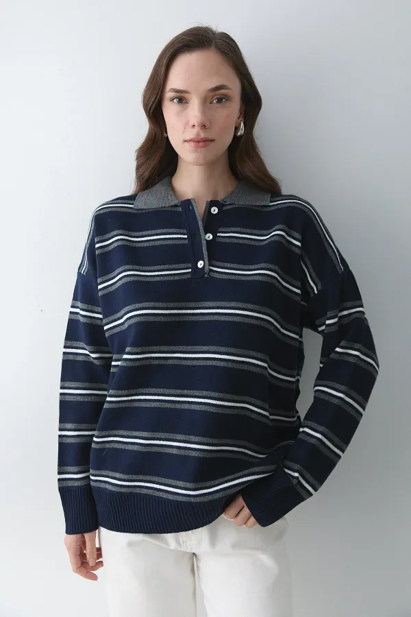 Pull à col polo bleu marine et anthracite - 241248