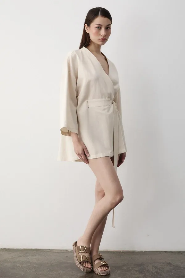 Natural Yarım Kol İçten Kemerli Kimono - 5383