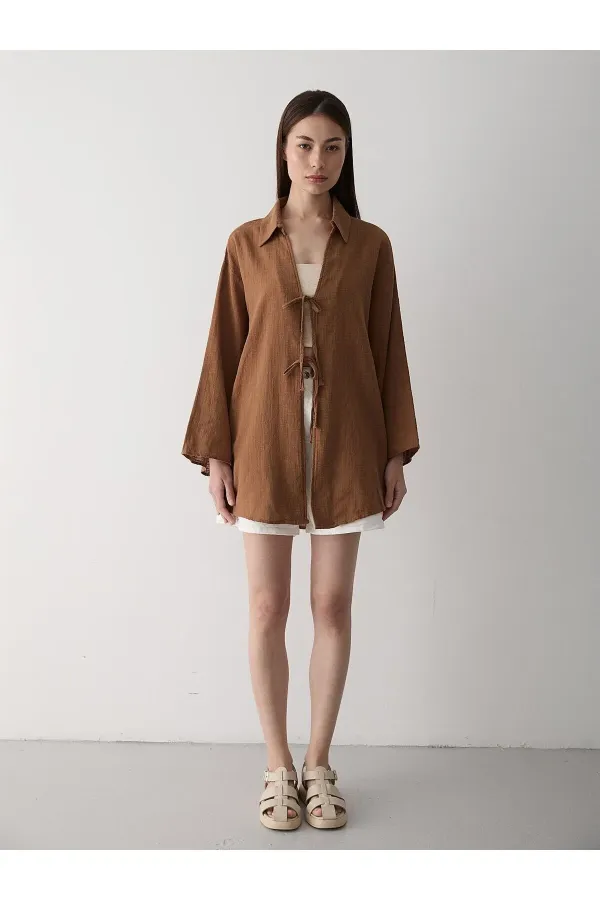 Coffee 100% Cotton Linen Kimono Blouse with Lace Detail