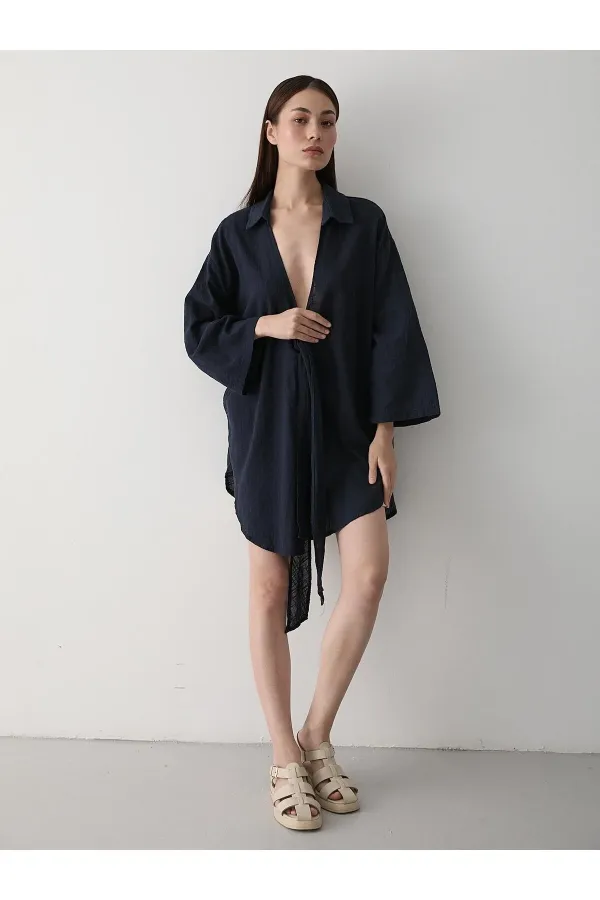 Lacivert Flam Keten Kimono Gömlek