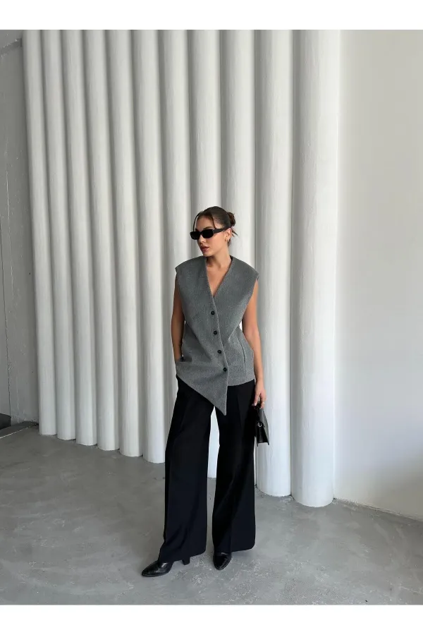 Gri Venedik Çapraz Düğmeli Yelek