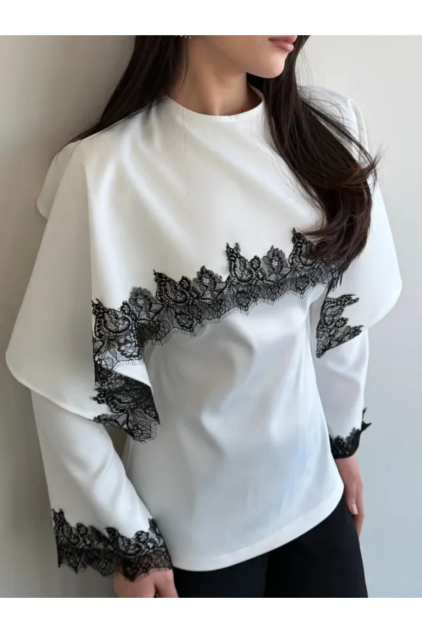 Beyaz Dantel İşlemeli Pelerin Saten Bluz - 1401