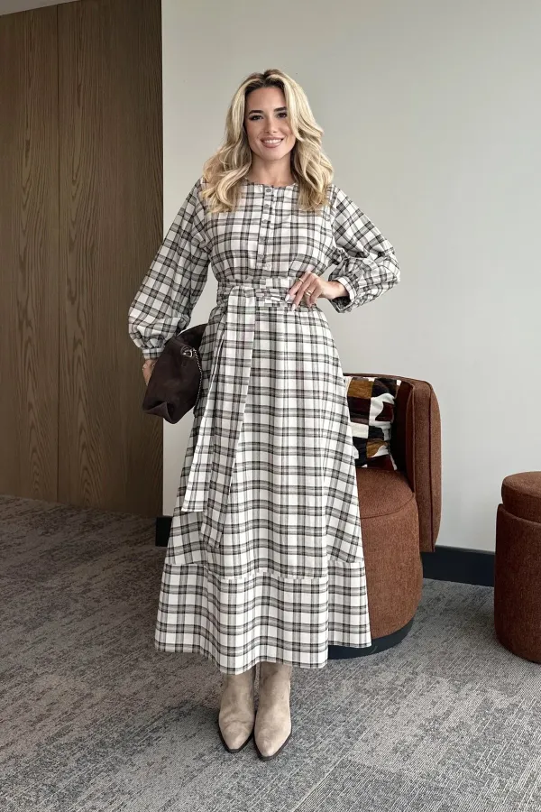 Stone Plaid Belted Long Dress - 1235 Stone Plaid Belted Long Dress - 1235