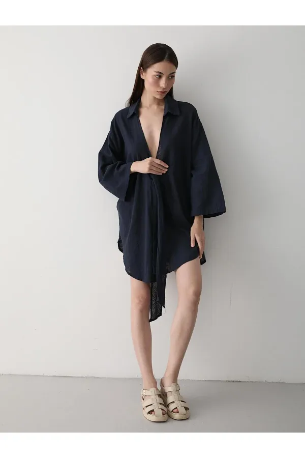 Lacivert Flam Keten Kimono Gömlek