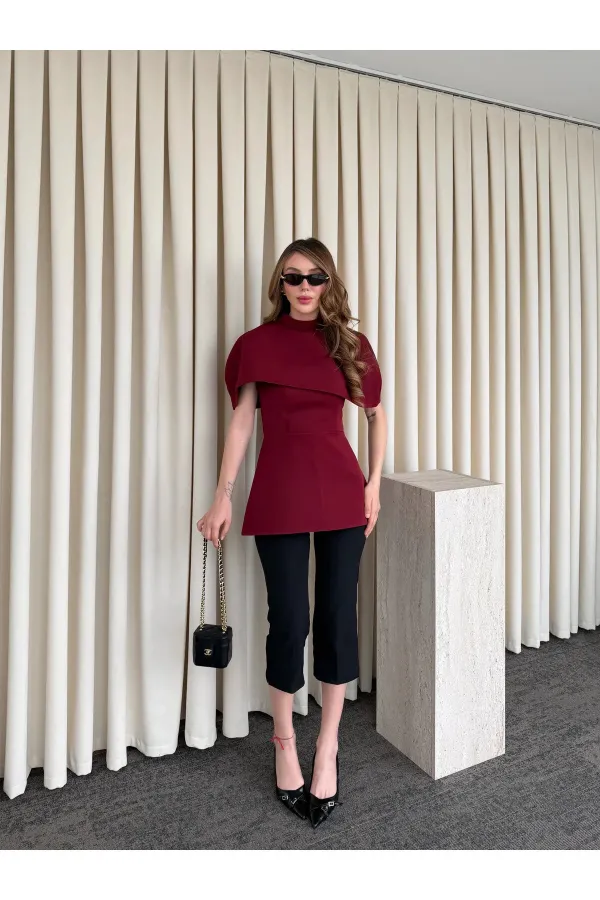 Bordo Pelerinli Straplez Bluz - 1101