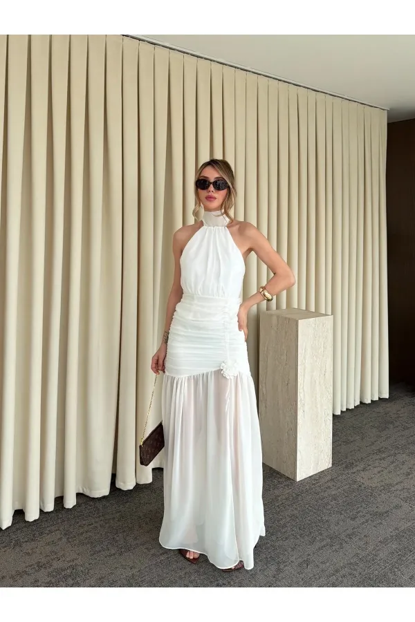 Beyaz Gül Detaylı Şifon Elbise - 2485