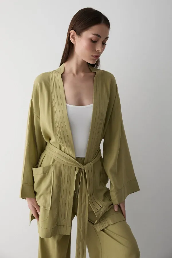 Haki %100 Pamuk Cep Detaylı Kuşaklı Kimono Takım - 8491