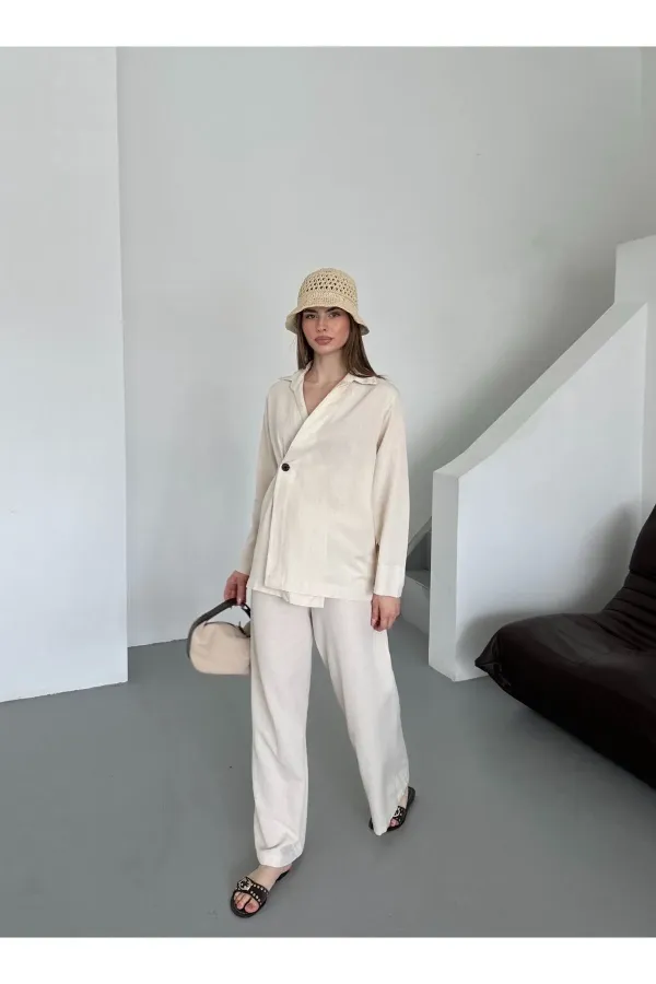 Natural 100% Cotton Double-Breasted Single-Button Kimono Pants Set - 8351 Natural 100% Cotton Double-Breasted Single-Button Kimono Pants Set - 8351
