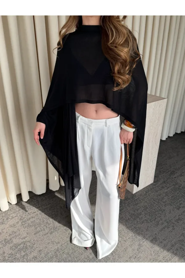 Siyah Muadil Tasarım Triko Pelerin Şal - 5241