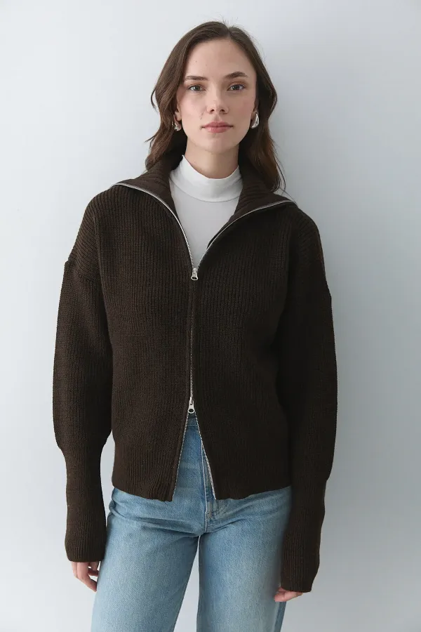 Brown Double Zip Cardigan - 251080 Brown Double Zip Cardigan - 251080