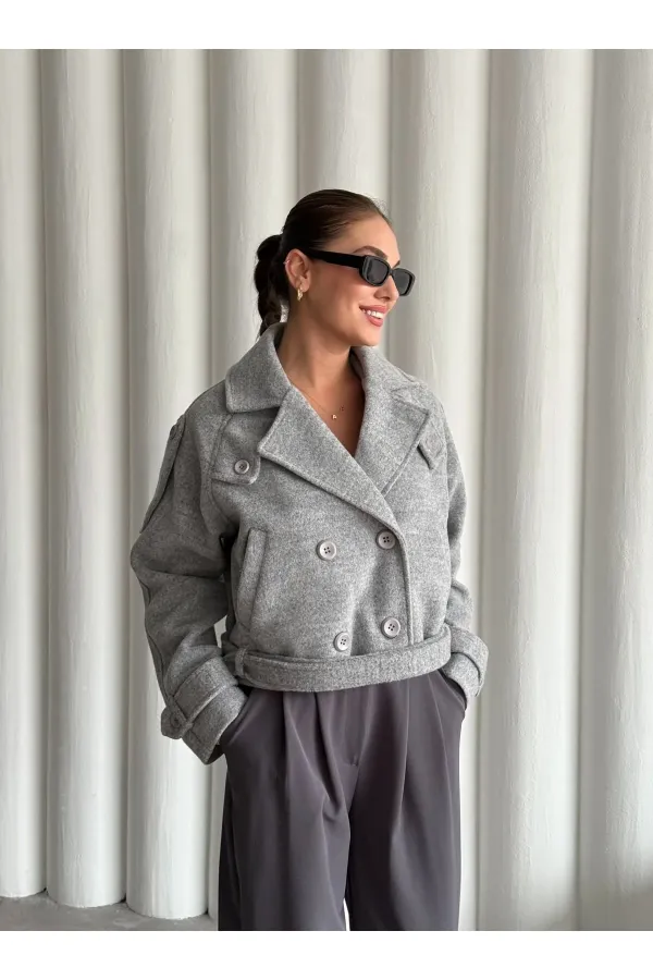 Grey Short Belted Cashmere Jacket - 9495