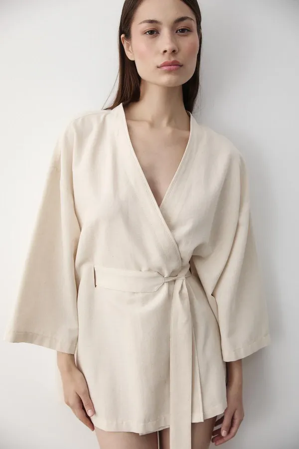 Natural Yarım Kol İçten Kemerli Kimono - 5383