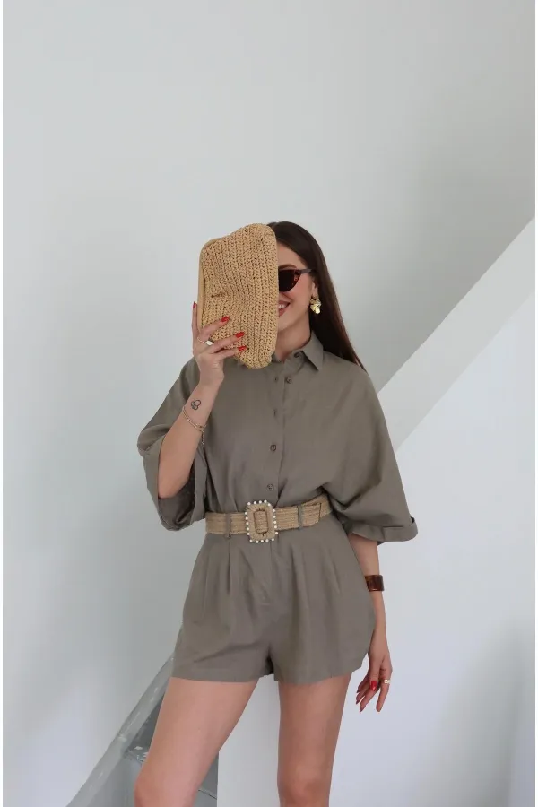 Ensemble chemise et short en paille de vison avec ceinture