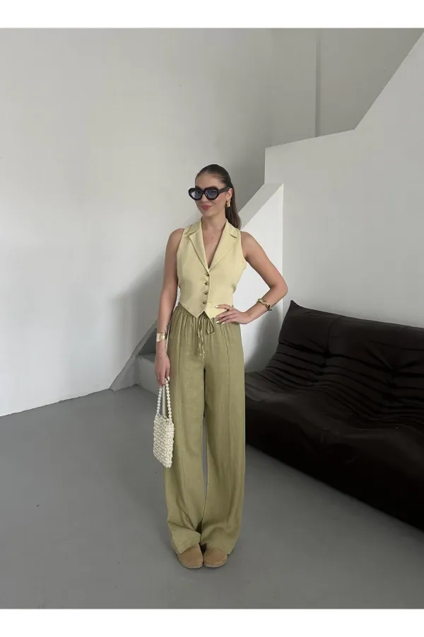 Khaki 100% Linen Palazzo Trousers Khaki 100% Linen Palazzo Trousers