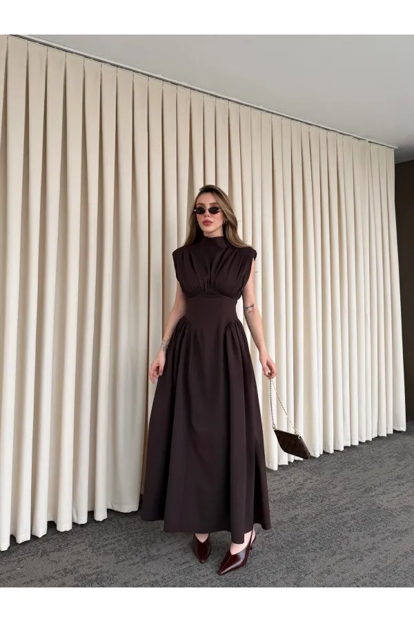 Kahverengi Vatkalı Elbise - 25193