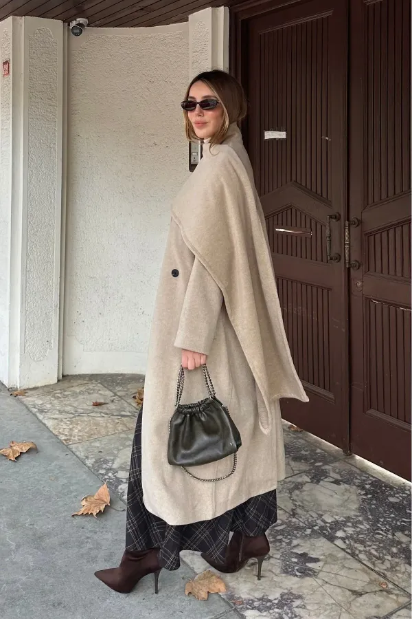 Bej Atkı Detaylı Uzun Kaban - 85163