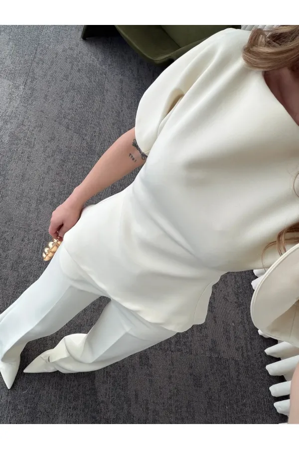 Ensemble chemisier et pantalon asymétrique blanc cassé à manches ballon - 25194