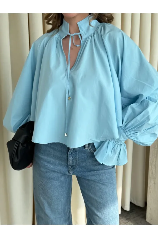 Mavi Yakası Bağlamalı Kolları Tasarım Gömlek - 112254