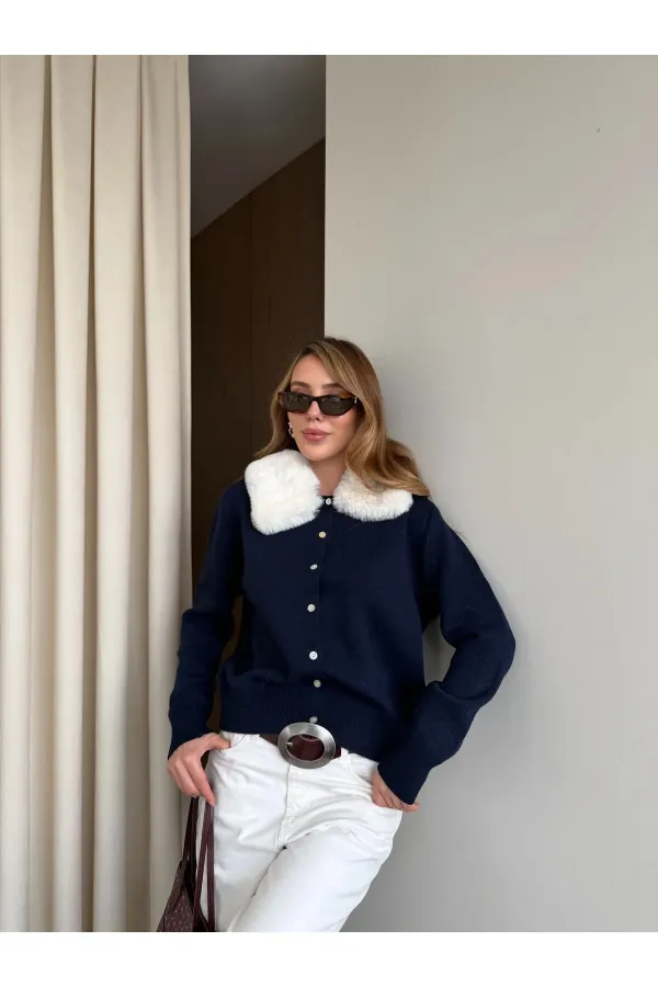 Lacivert Yakası Kürklü Hırka - 261002