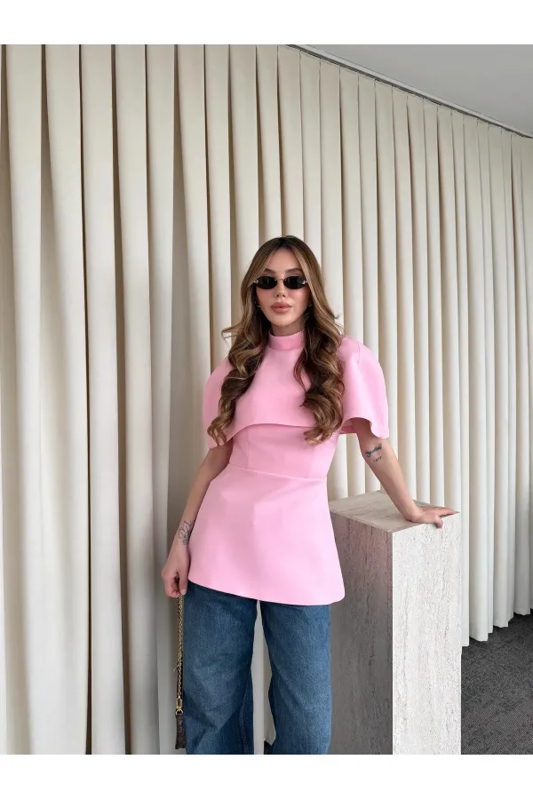 Pembe Pelerinli Straplez Bluz - 1101