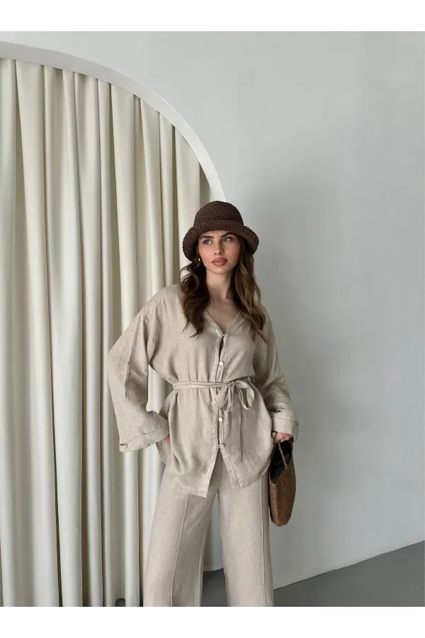 Bej Pamuklu Gömlek Pantolon Takım