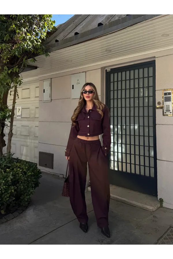 Mürdüm Kot Crop Ceket Pantolon Takım - 51244