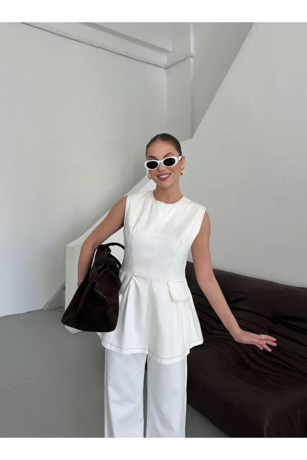 Beyaz Leandra Tasarım Bluz Pantolon Takım