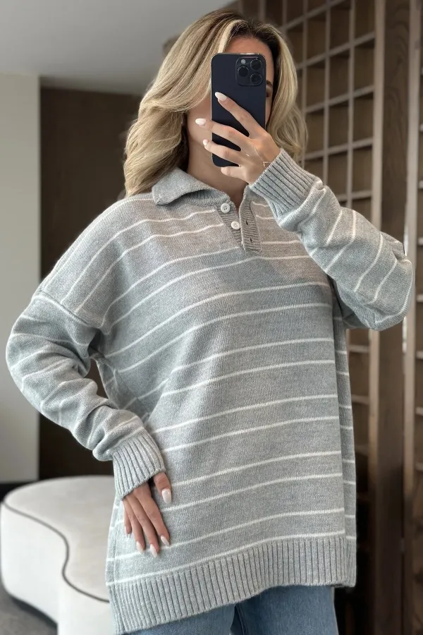 Grey and White Striped Sweater -1510