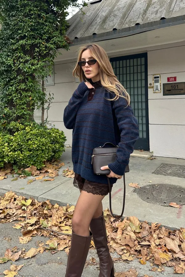 Lacivert - Kahverengi Çizgili Kazak -1510