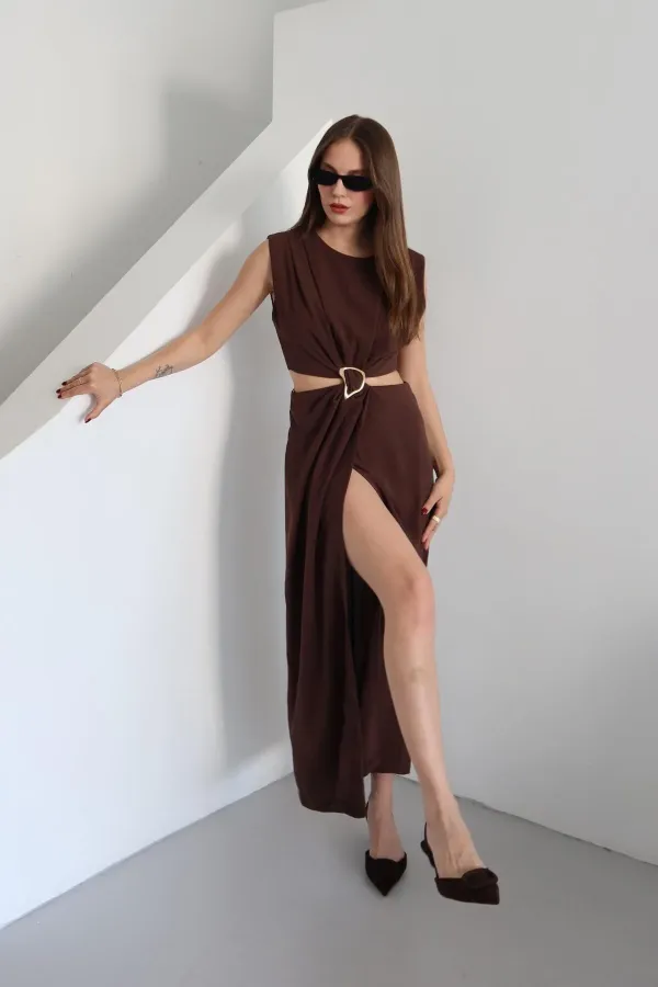 Brown Dress with Front Buckle and Side Cutout