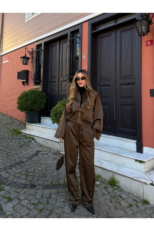 Kahverengi Bomber Saten Ceket Pantolon Takım - 9663 - 51229