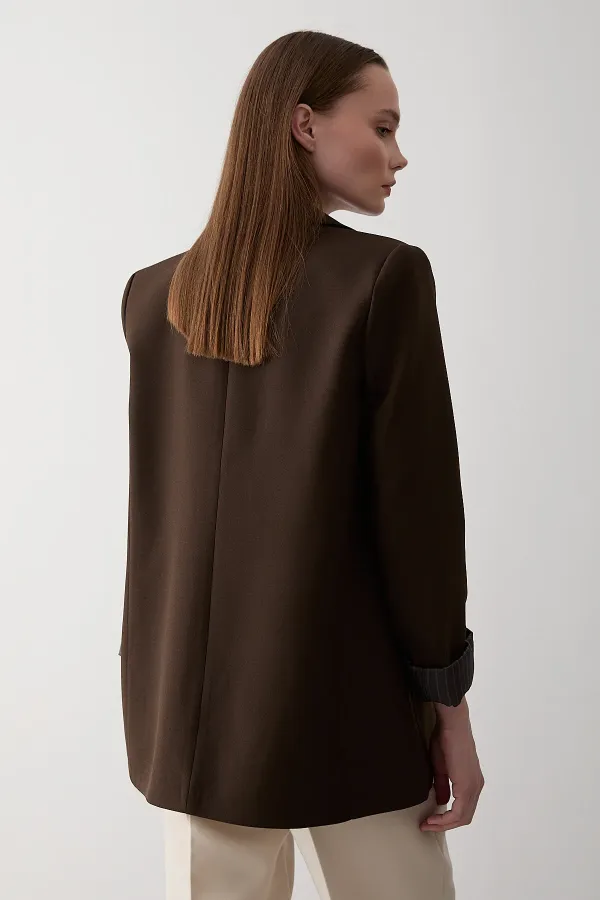 Brown Striped Lined Blazer Jacket with Fold-Up Sleeves - 7560 Brown Striped Lined Blazer Jacket with Fold-Up Sleeves - 7560