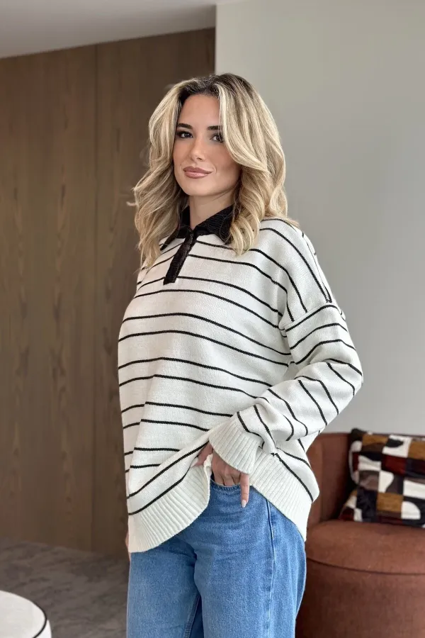 White and Black Striped Sweater -1510