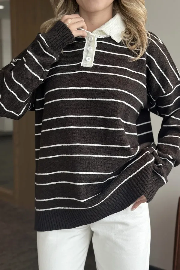 Kahverengi Beyaz Çizgili Kazak -1510