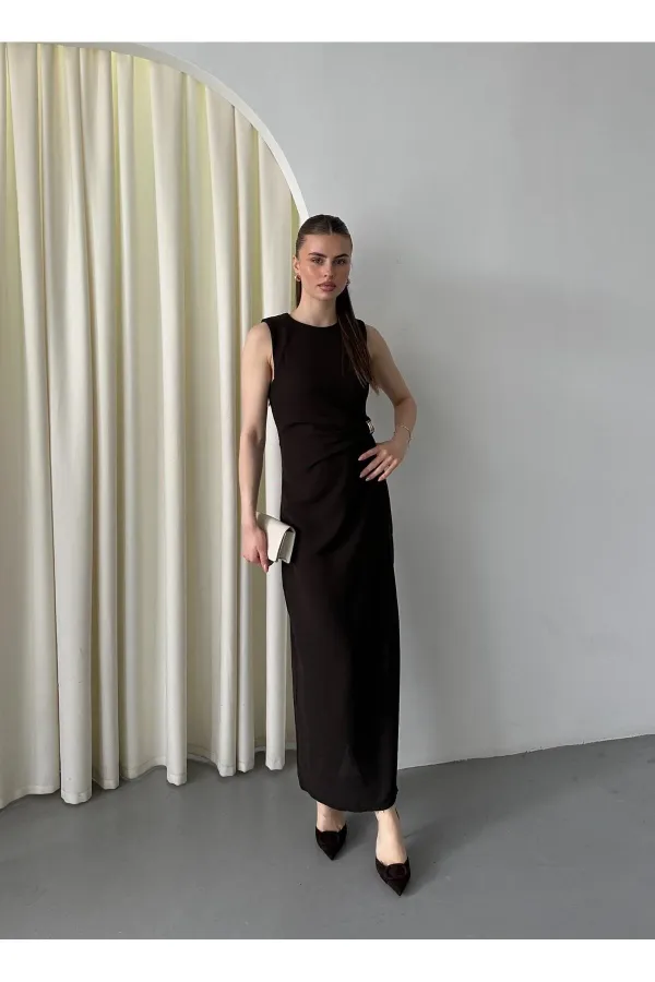 Kahverengi Gold Tokalı Elbise