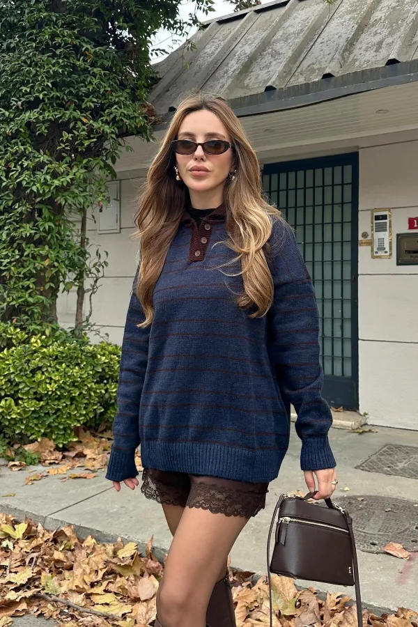 Lacivert - Kahverengi Çizgili Kazak -1510