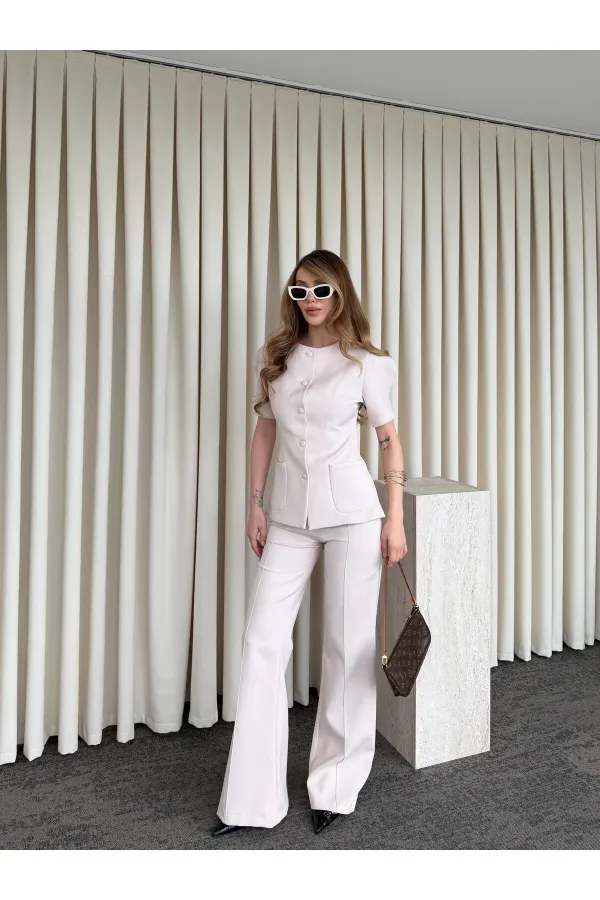Bej Balon Kol Düğmeli Ceket Pantolon Takım - 0440