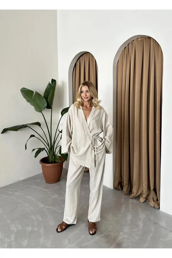 Stone Detailed Side Tie Linen Kimono Set