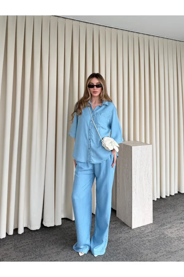 Light Blue Tencel Fabric Shirt and Pants Set - 0926